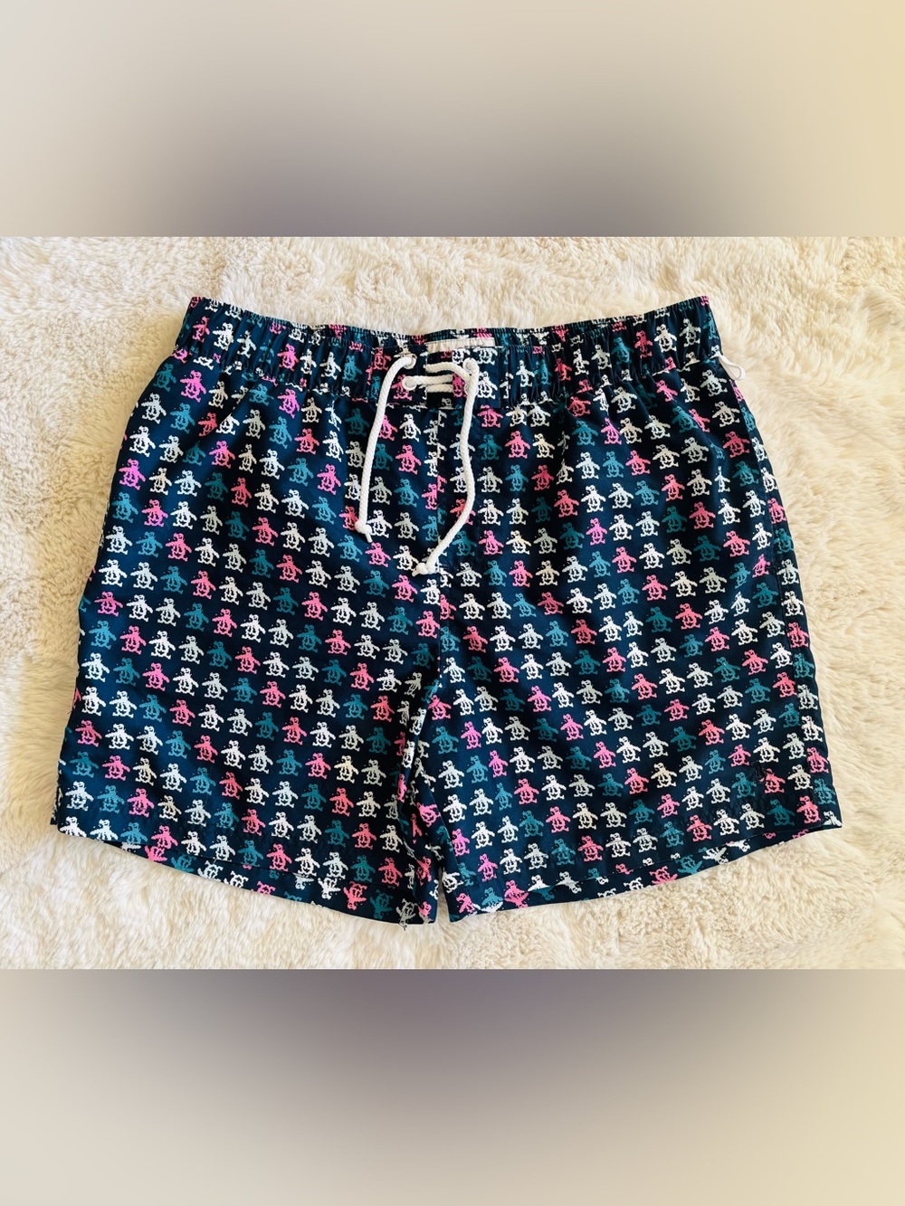 The Original Penguin Swim Shorts Blue All Over Logo 5” Swim Trunks Size: Large